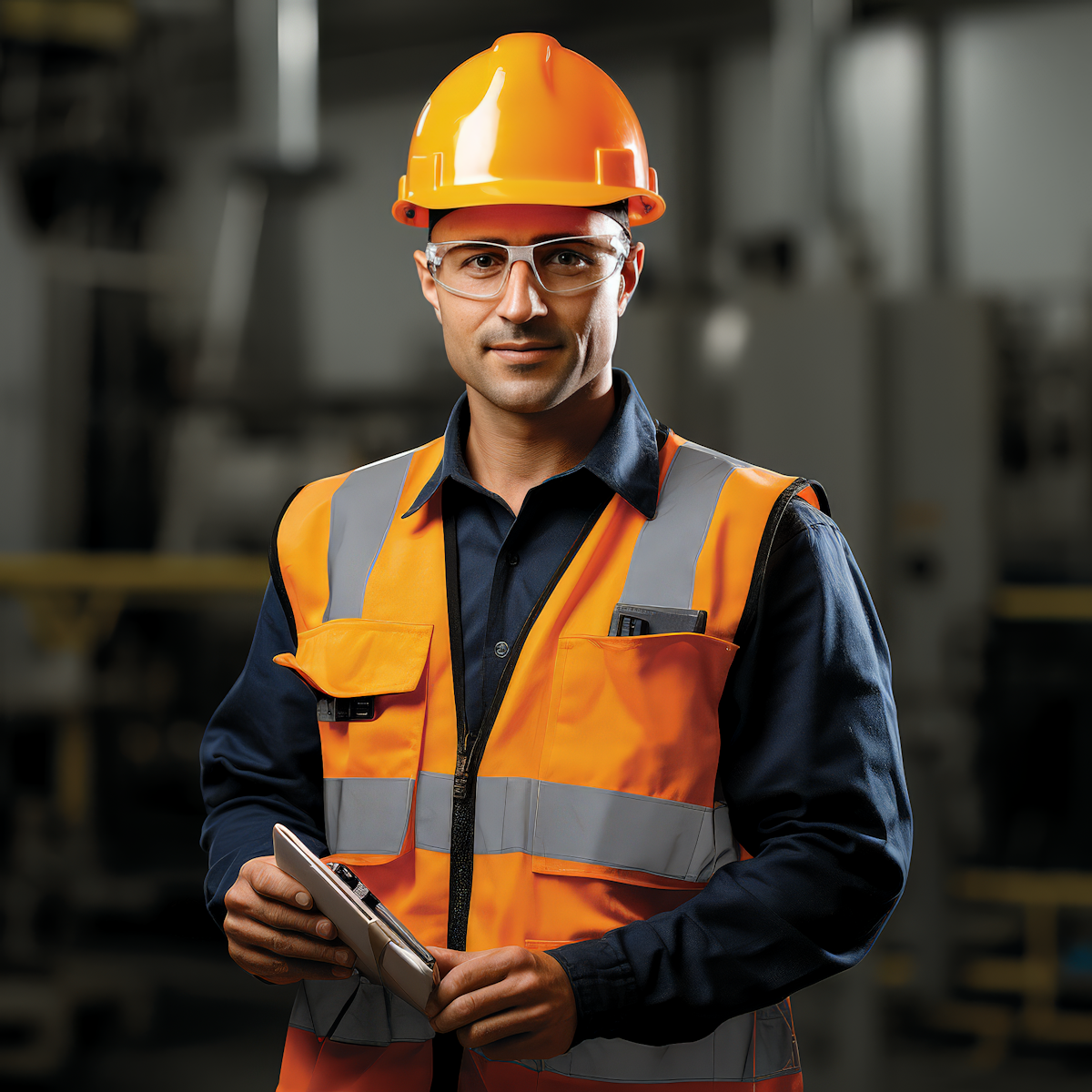 industrial worker in safety attire with tablet